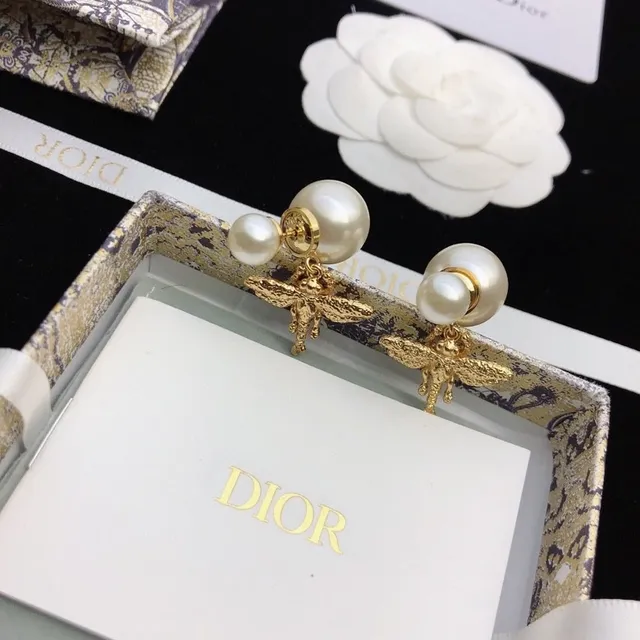 Dior Gold White Bee Motif Double Pearl Earrings 2