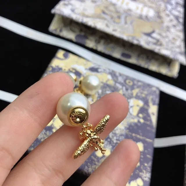 Dior Gold White Bee Motif Double Pearl Earrings 3