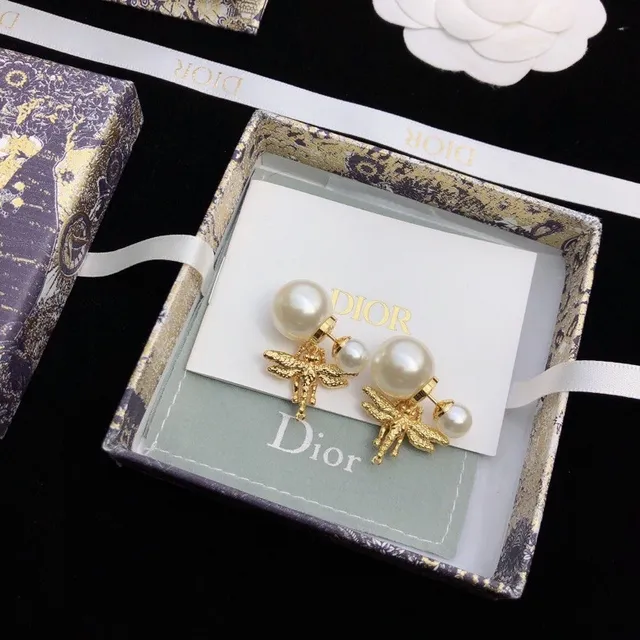 Dior Gold White Bee Motif Double Pearl Earrings 6