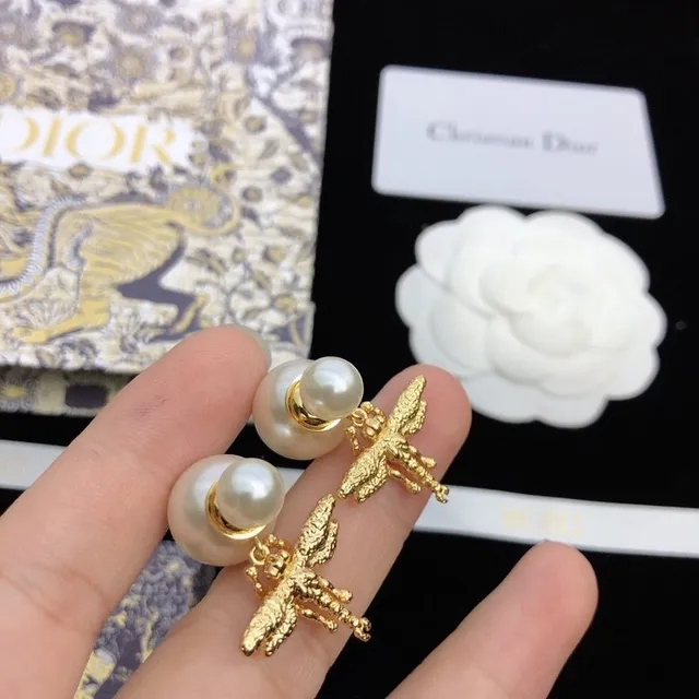 Dior Gold White Bee Motif Double Pearl Earrings 8