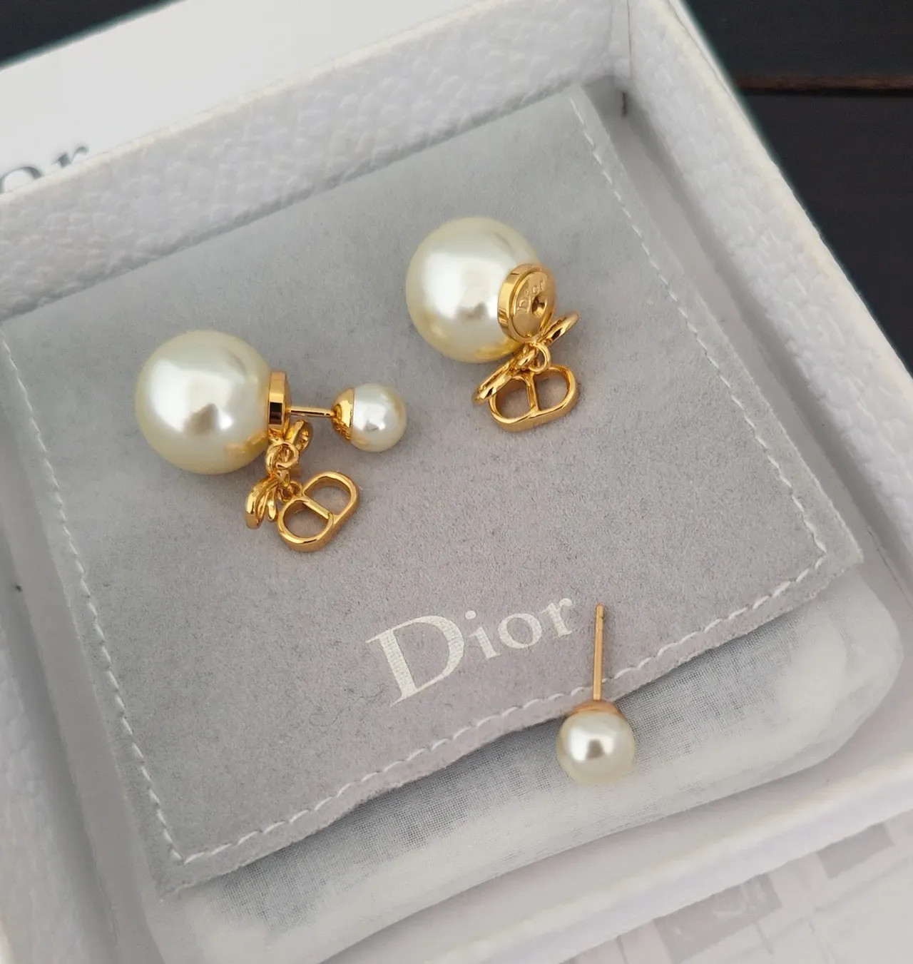 Dior Gold White Double-Pearl Drop Metal Earrings 2