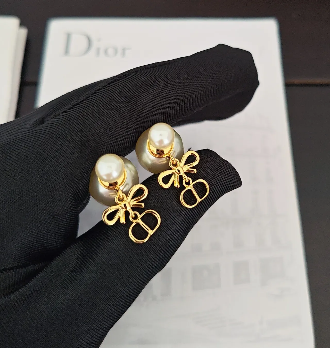 Dior Gold White Double-Pearl Drop Metal Earrings 4