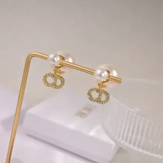 Dior Gold White Pearl Stud Crystal-Encrusted CD Logo Earrings