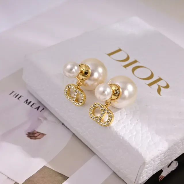 Dior Gold White Pearl Stud Crystal-Encrusted CD Logo Earrings 2