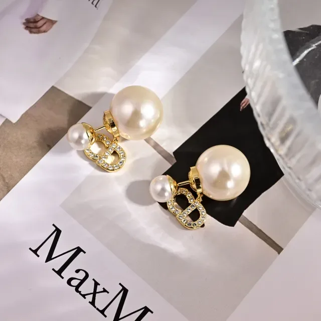 Dior Gold White Pearl Stud Crystal-Encrusted CD Logo Earrings 4
