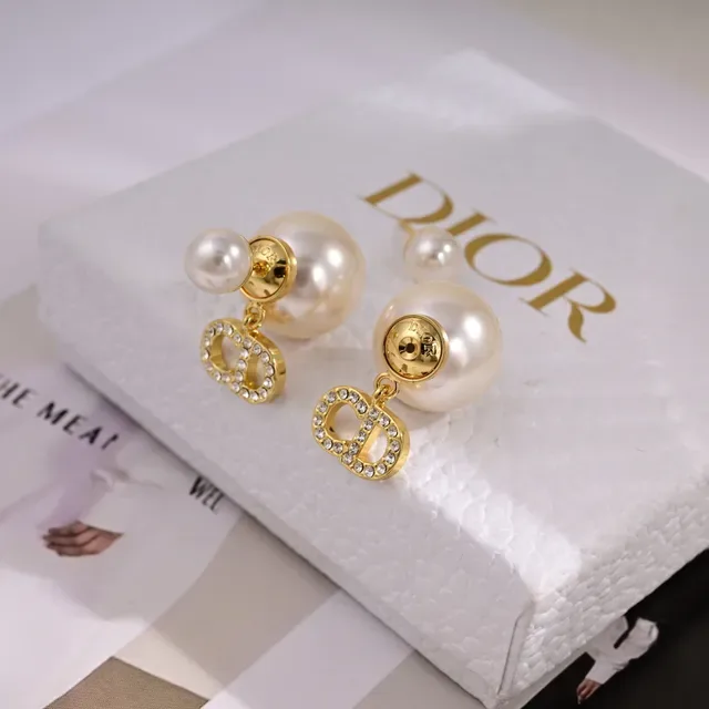Dior Gold White Pearl Stud Crystal-Encrusted CD Logo Earrings 5