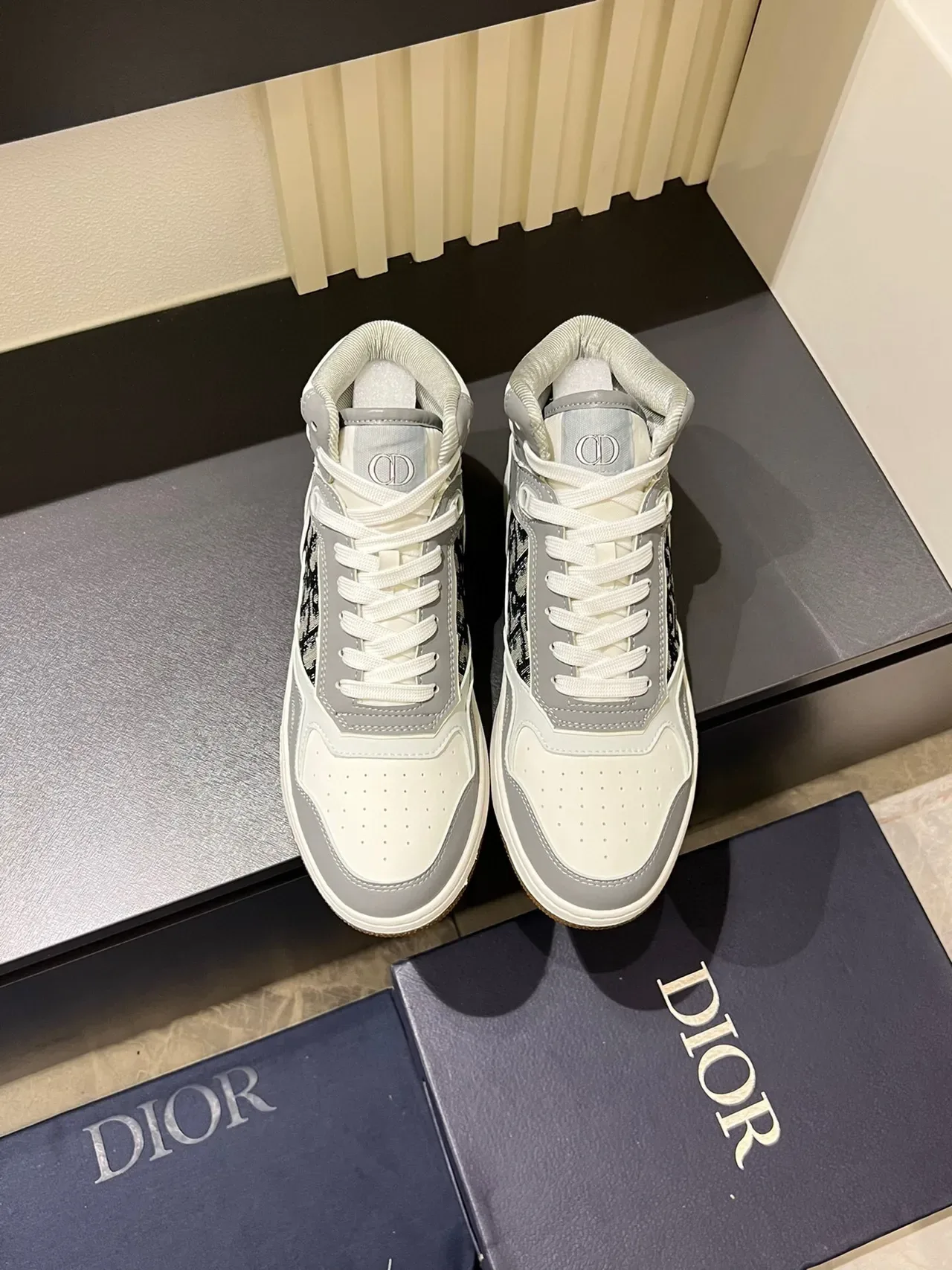 Dior Gray White High-Top Monogram-Panel Lifestyle Sneakers 2