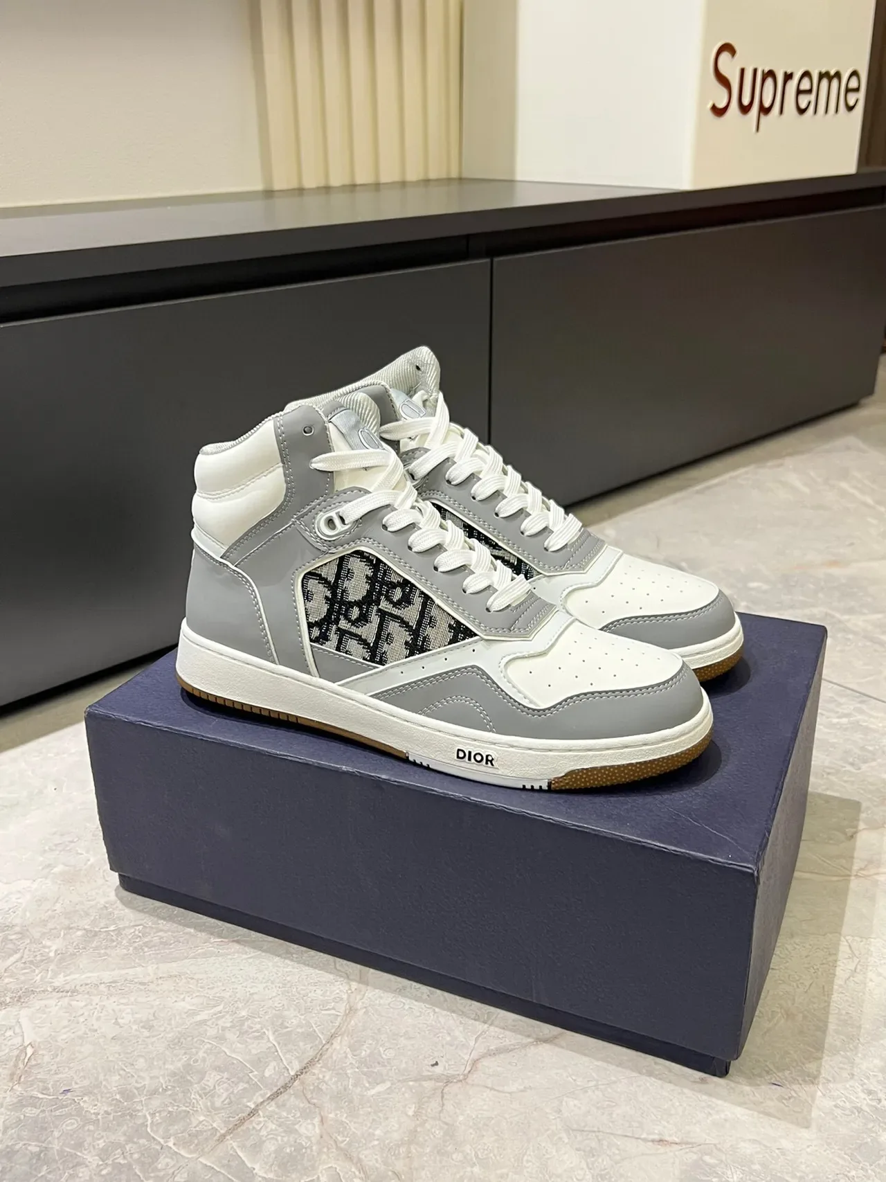 Dior Gray White High-Top Monogram-Panel Lifestyle Sneakers 3