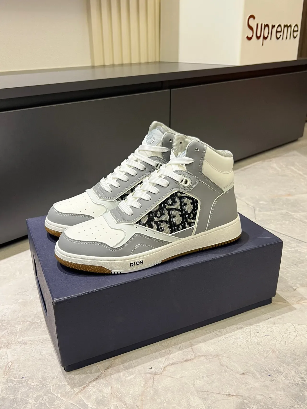 Dior Gray White High-Top Monogram-Panel Lifestyle Sneakers 4