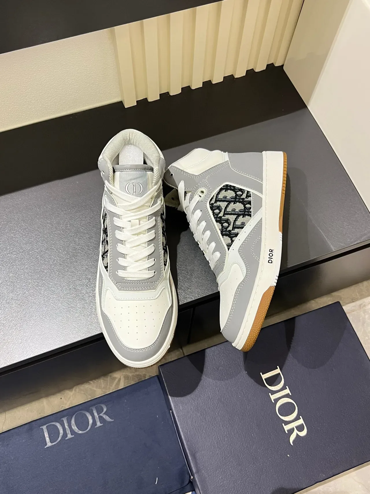 Dior Gray White High-Top Monogram-Panel Lifestyle Sneakers 5