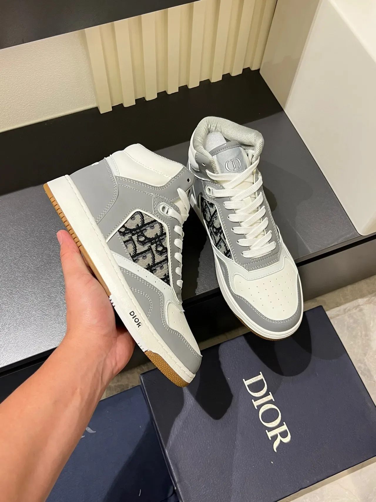Dior Gray White High-Top Monogram-Panel Lifestyle Sneakers 6