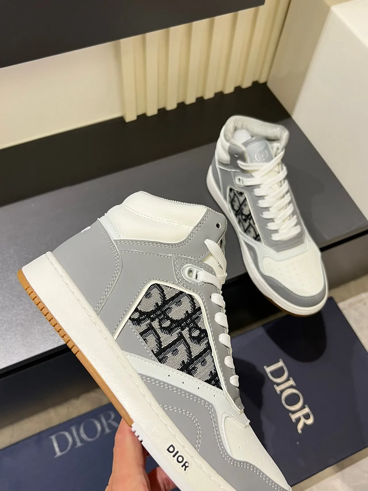 Dior Gray White High-Top Monogram-Panel Lifestyle Sneakers 7