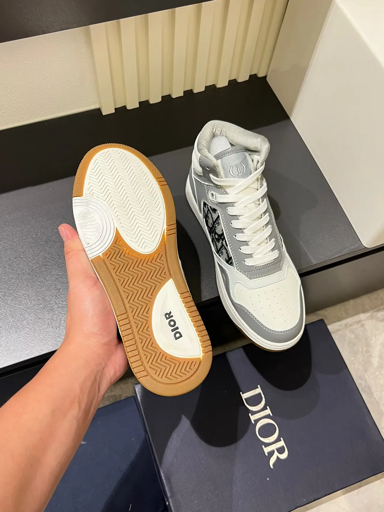 Dior Gray White High-Top Monogram-Panel Lifestyle Sneakers 8