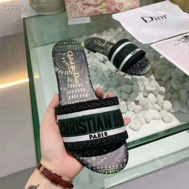 Dior Green Black Two-Strap Slide Printed Geometric Upper Slippers 2