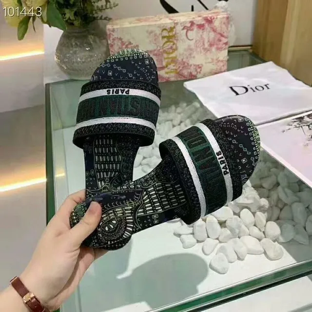 Dior Green Black Two-Strap Slide Printed Geometric Upper Slippers 3