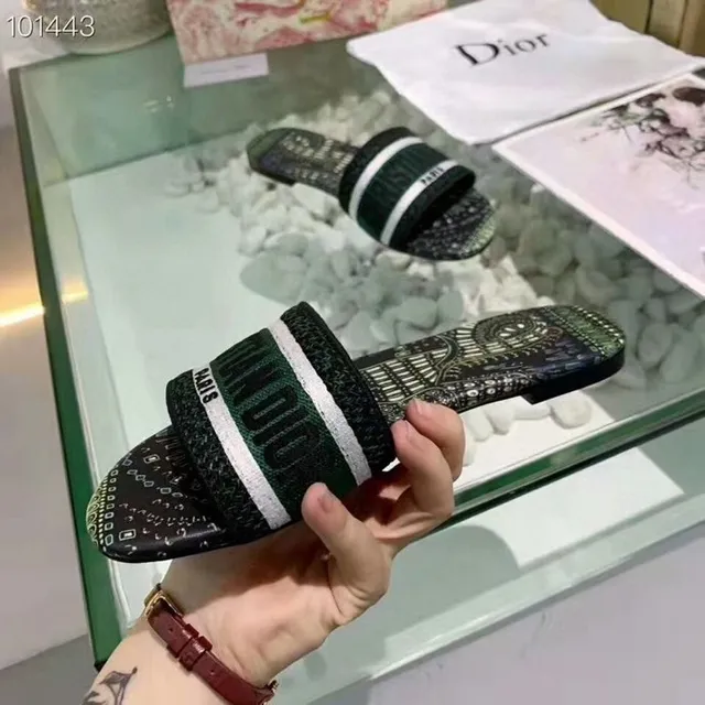 Dior Green Black Two-Strap Slide Printed Geometric Upper Slippers 4