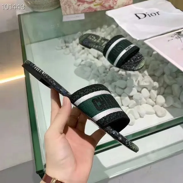 Dior Green Black Two-Strap Slide Printed Geometric Upper Slippers 5
