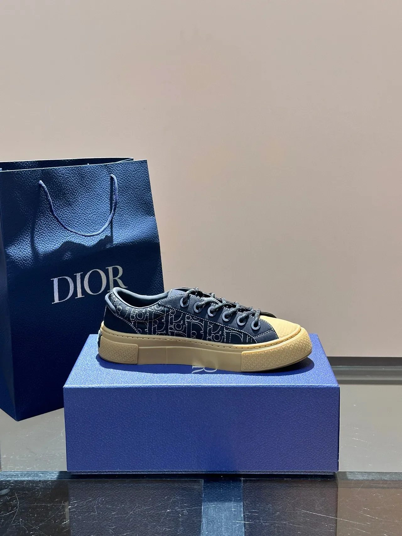 Dior Navy Beige Monogrammed Upper Platform Sole Lifestyle Sneakers 5