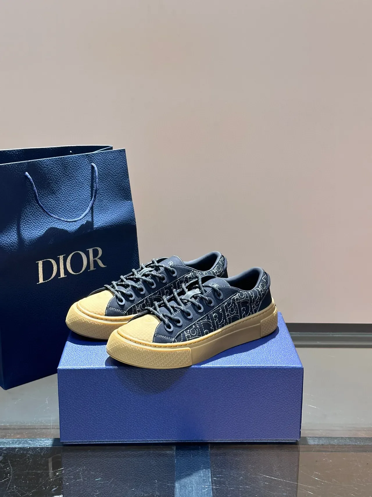 Dior Navy Beige Monogrammed Upper Platform Sole Lifestyle Sneakers 6