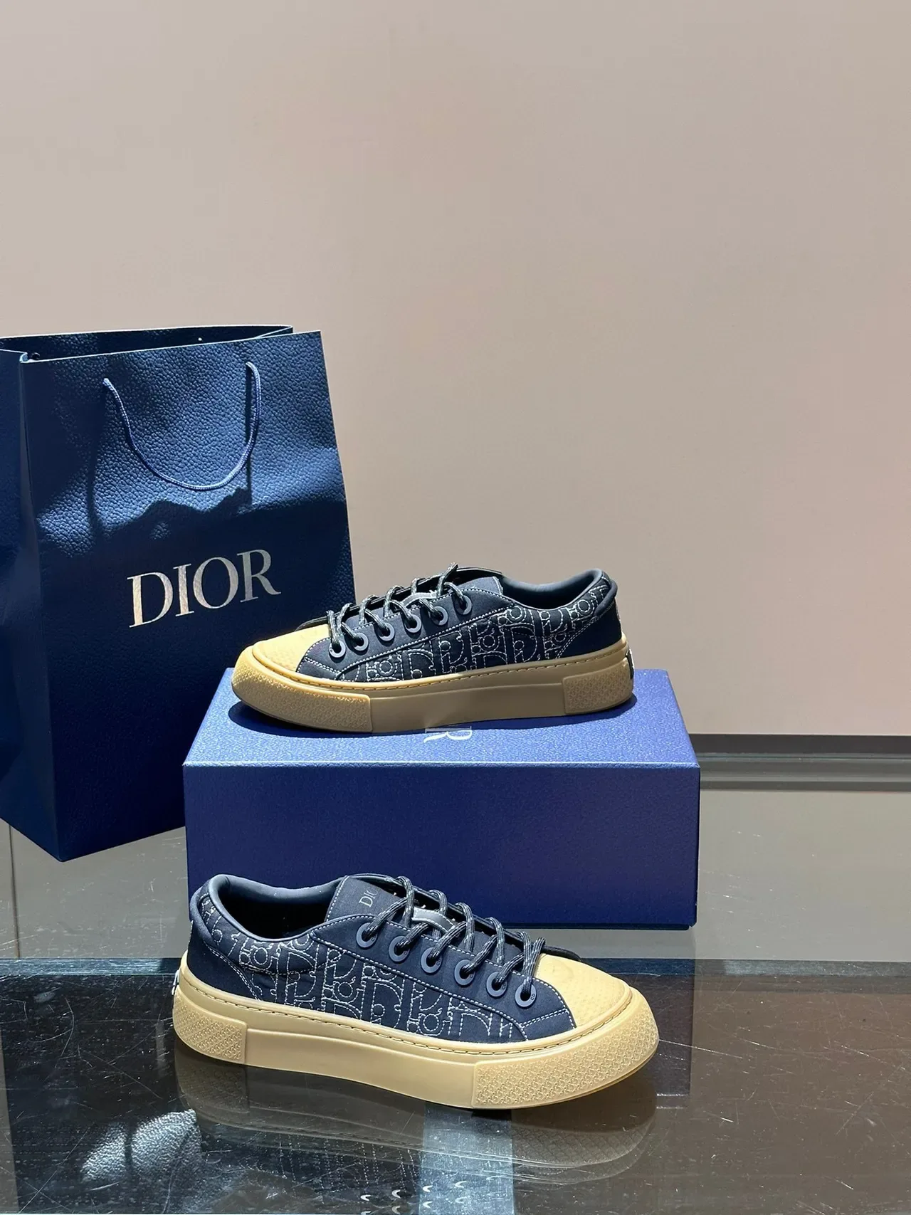 Dior Navy Beige Monogrammed Upper Platform Sole Lifestyle Sneakers 7