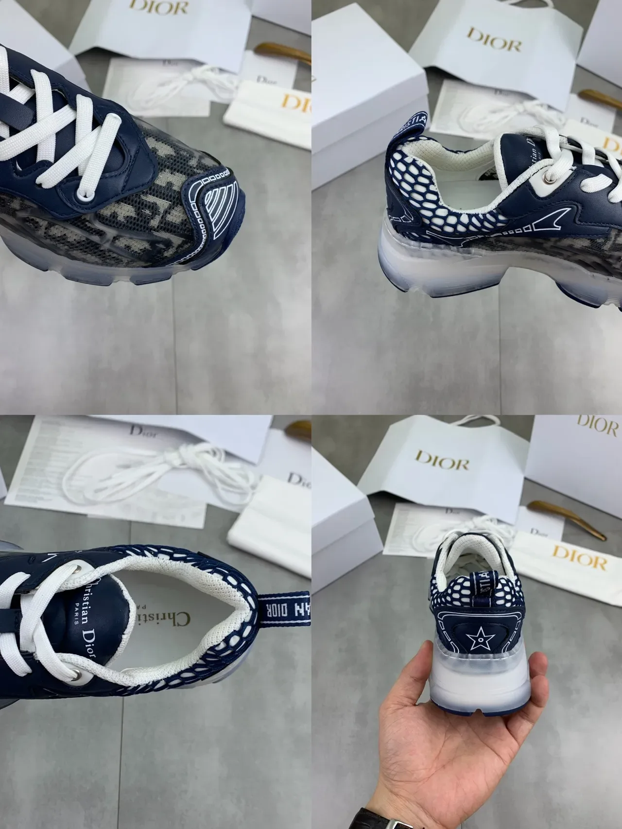Dior Navy White Transparent Sole Monogrammed Mesh Upper Chunky Sneakers 2