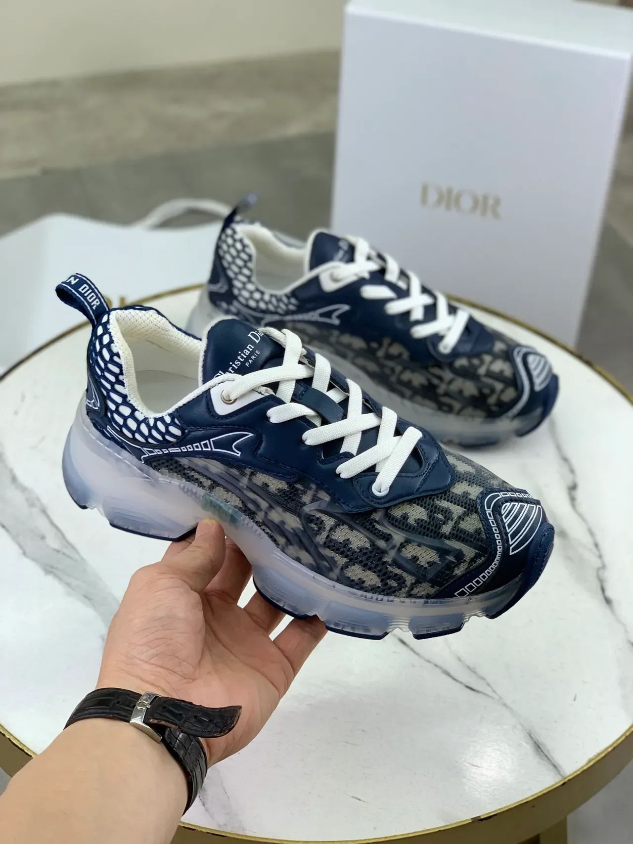 Dior Navy White Transparent Sole Monogrammed Mesh Upper Chunky Sneakers 4