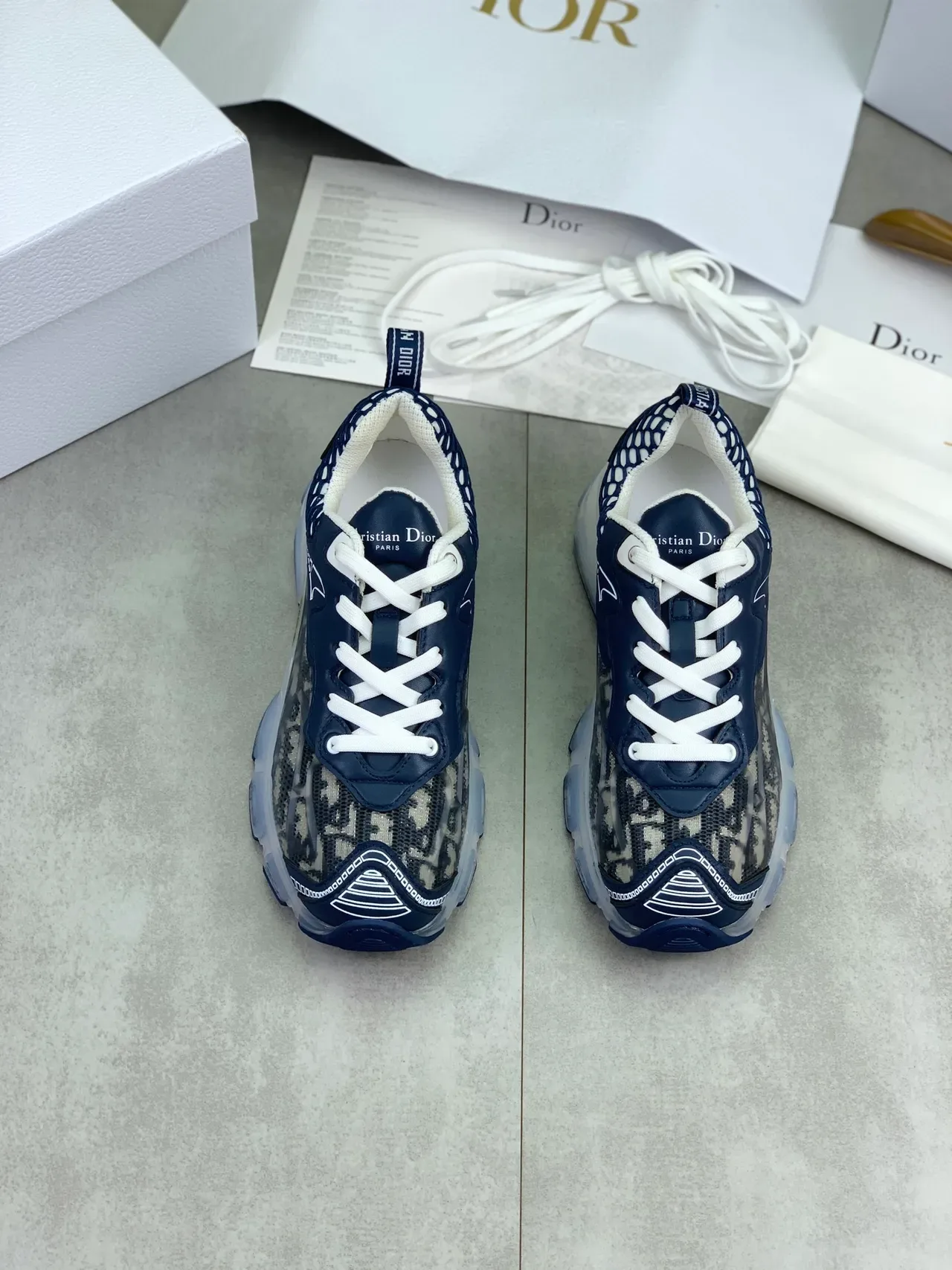 Dior Navy White Transparent Sole Monogrammed Mesh Upper Chunky Sneakers 5