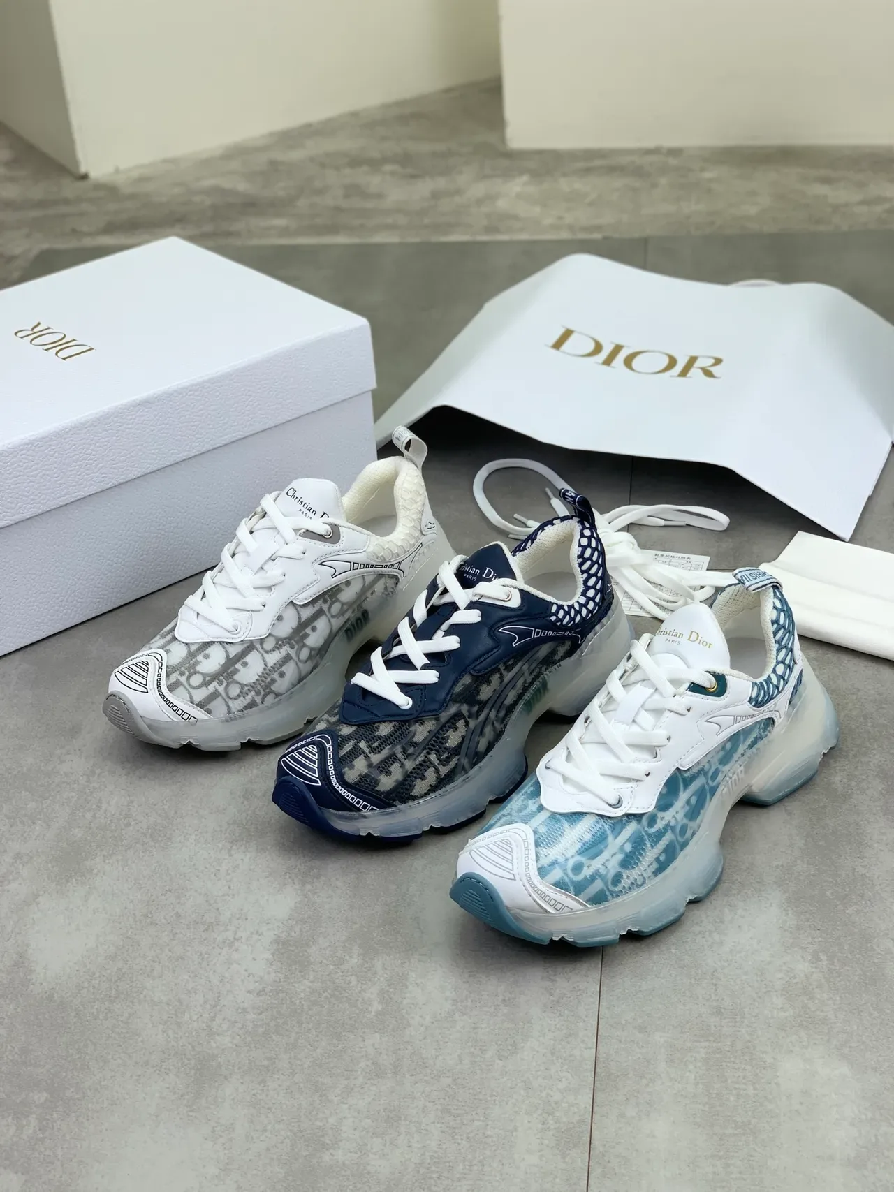 Dior Navy White Transparent Sole Monogrammed Mesh Upper Chunky Sneakers 6
