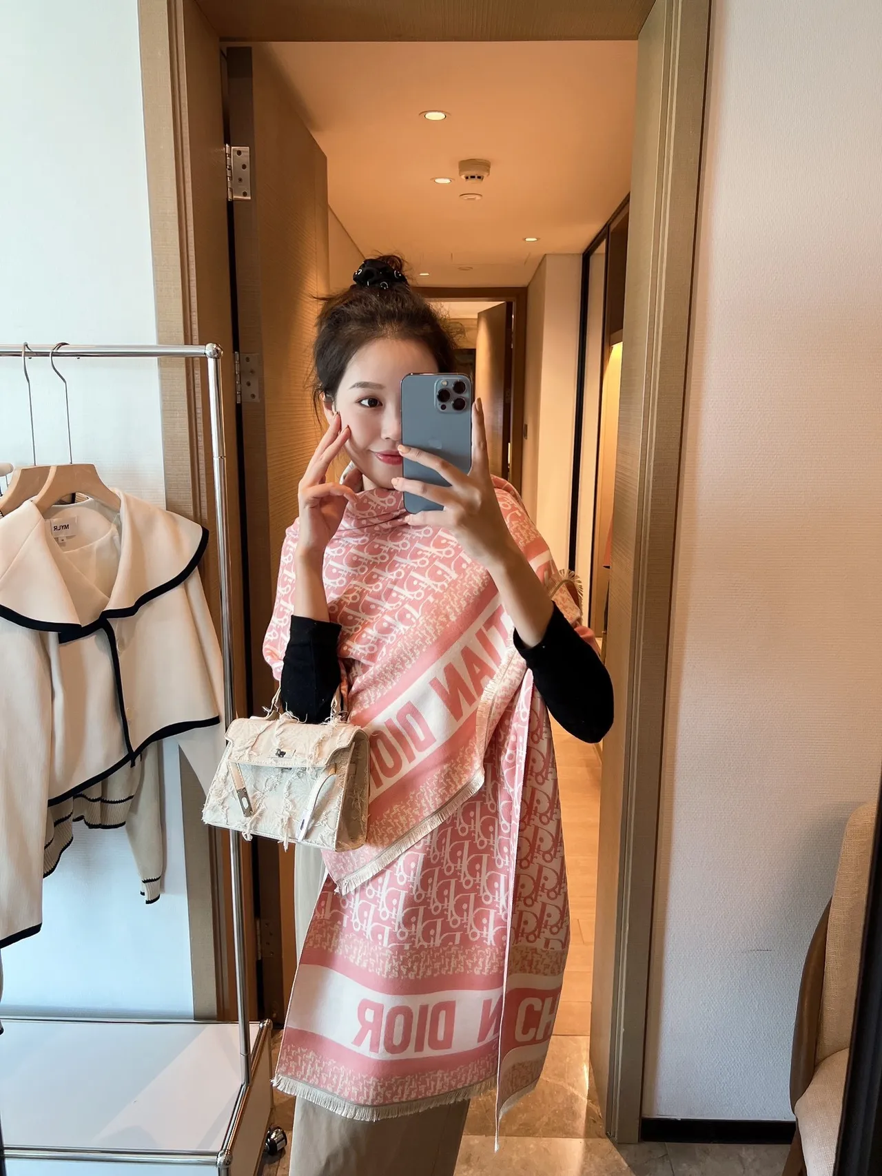 Dior Oblique Beige Black Monogram Block-Letter Bands Scarve 4