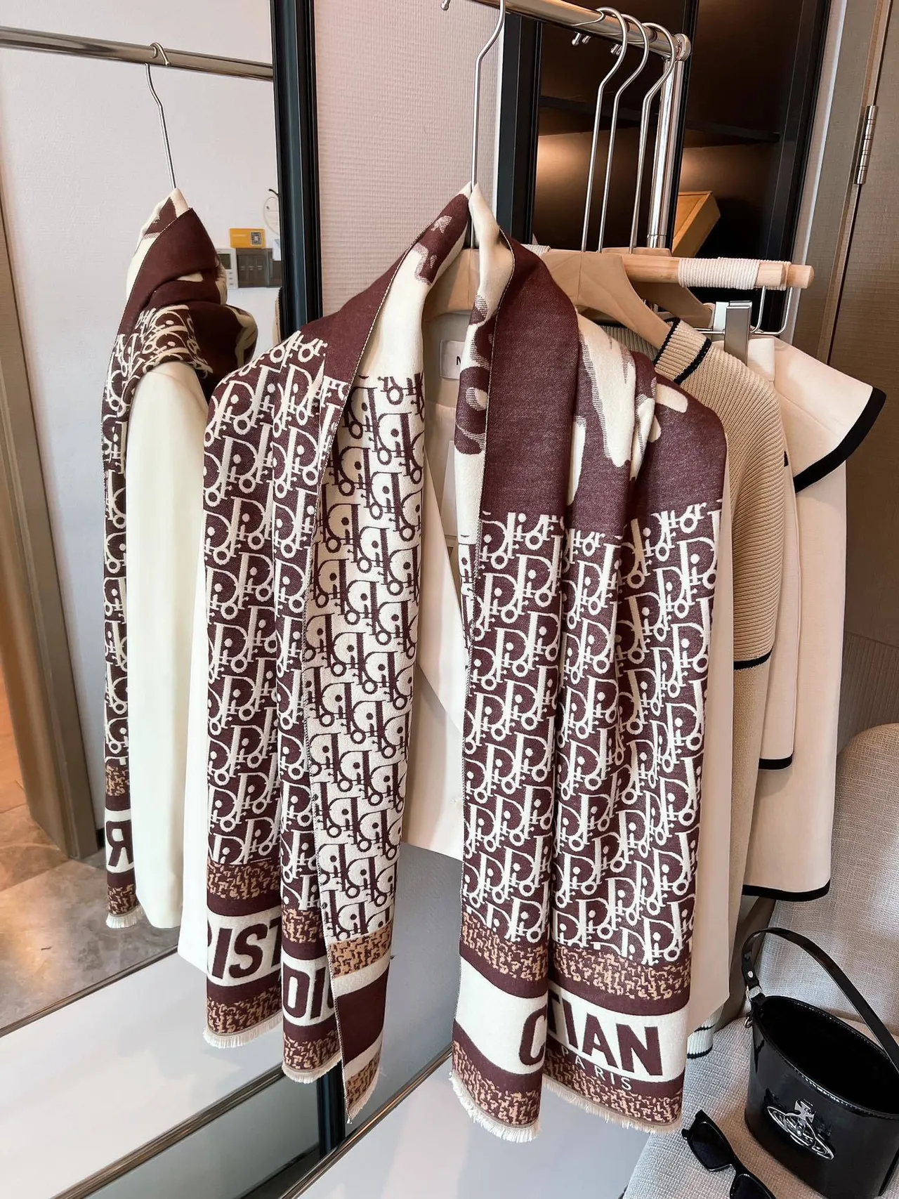 Dior Oblique Beige Black Monogram Block-Letter Bands Scarve 6