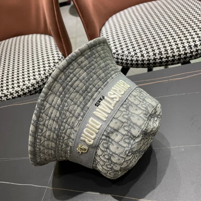 Dior Oblique Gris Beige Monogramme Jacquard Broderie Surélevée Logo Bande Chapeau Seau 3