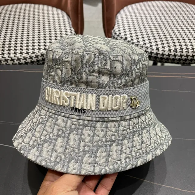 Dior Oblique Gris Beige Monogramme Jacquard Broderie Surélevée Logo Bande Chapeau Seau 6