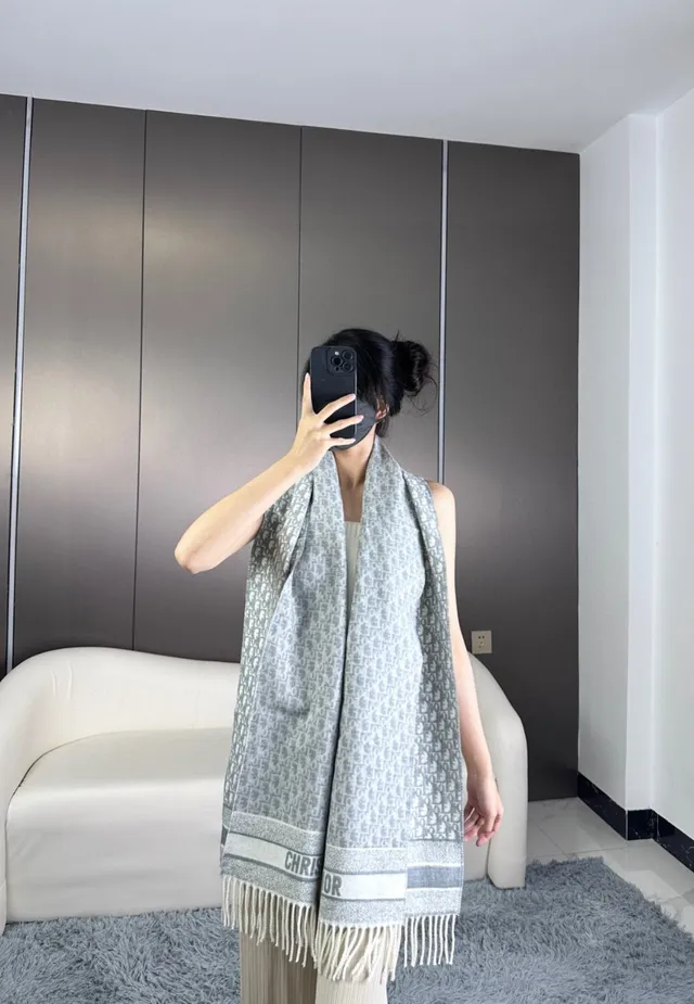 Dior Oblique Gris Blanc Jacquard Logo Pattern Bords Frangés Cachemire Écharpe 3