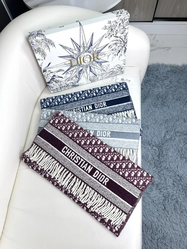 Dior Oblique Gris Blanc Jacquard Logo Pattern Bords Frangés Cachemire Écharpe 5