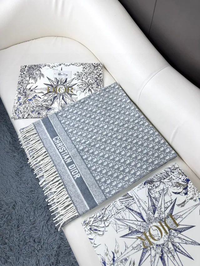 Dior Oblique Gris Blanc Jacquard Logo Pattern Bords Frangés Cachemire Écharpe 7
