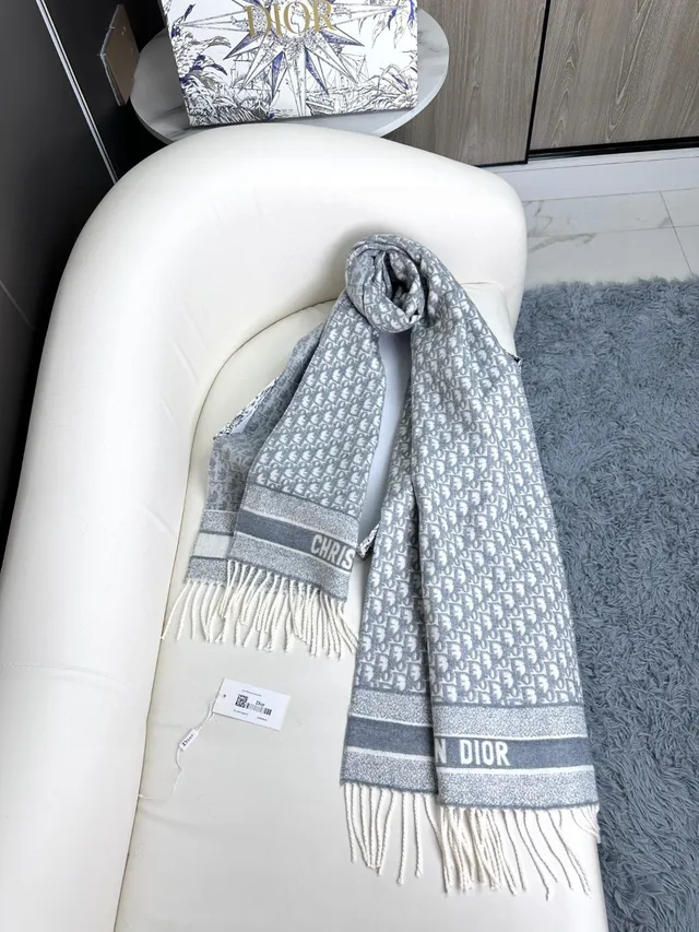 Dior Oblique Gris Blanc Jacquard Logo Pattern Bords Frangés Cachemire Écharpe 8