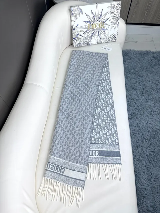 Dior Oblique Gris Blanc Jacquard Logo Pattern Bords Frangés Cachemire Écharpe 9