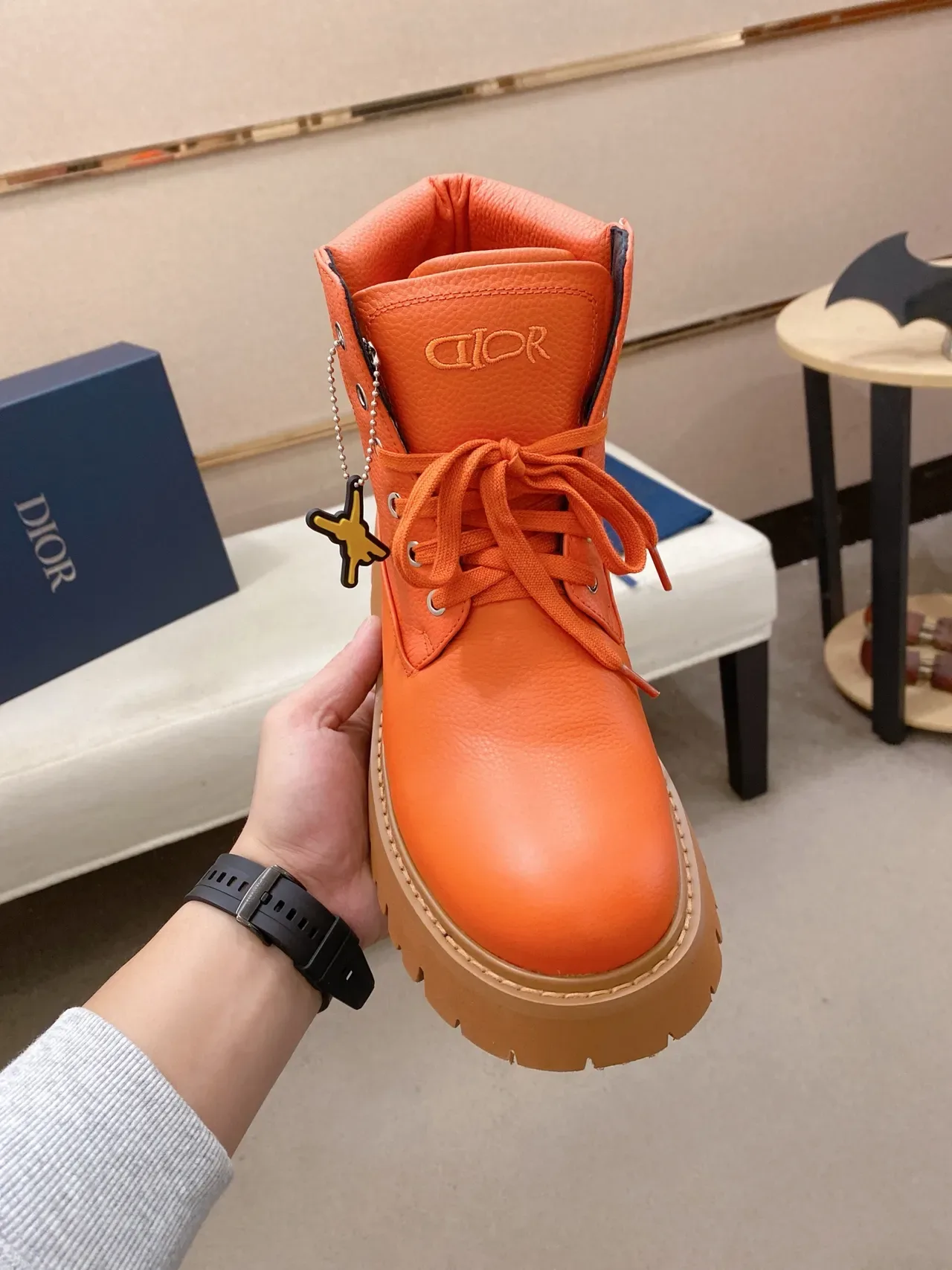 Dior Laranja Beige Botas de Trabalho Alta com Cadarço 6