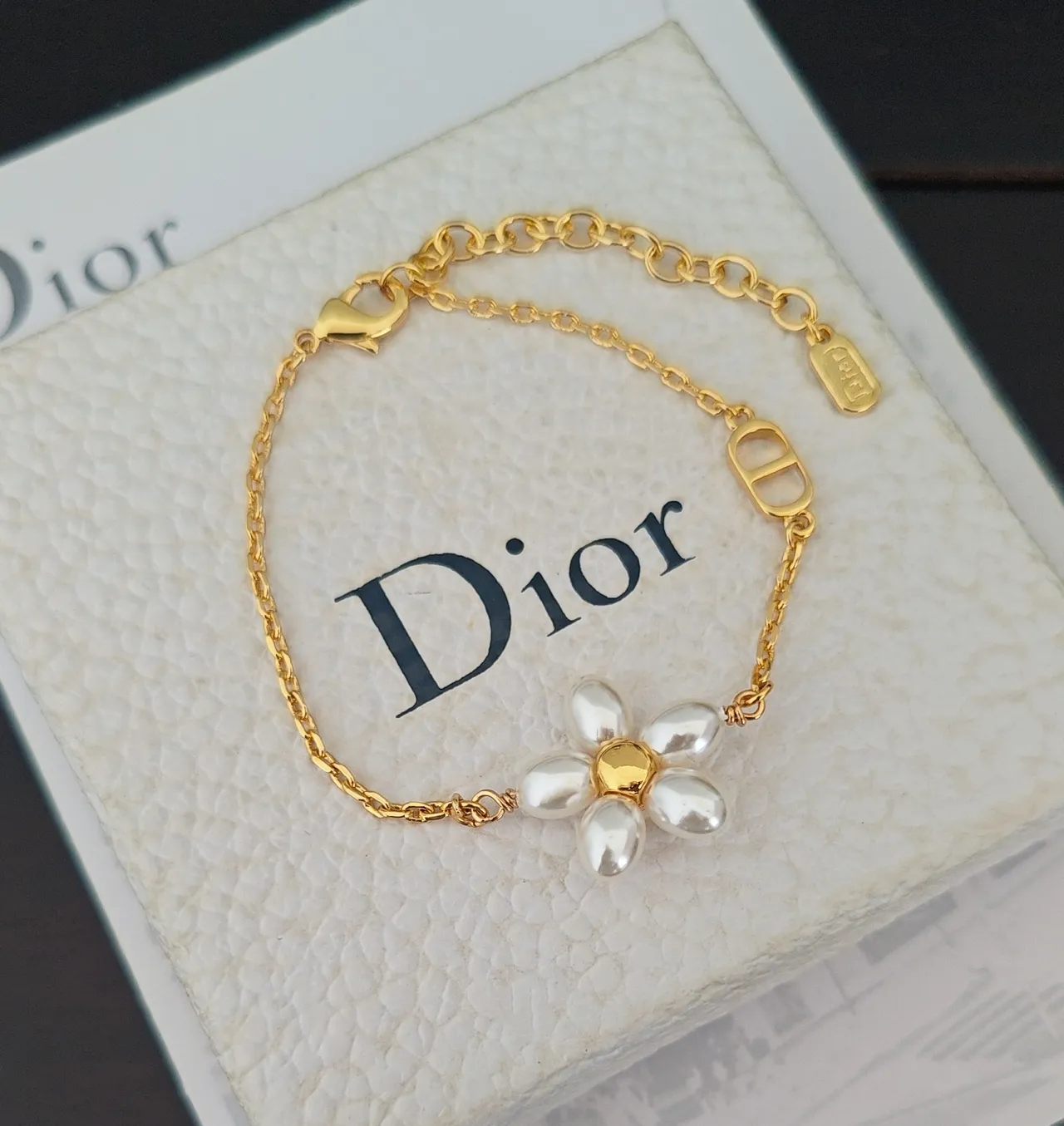 Dior Pearl Flower Charm Gold-Tone Chain Bracelet 2