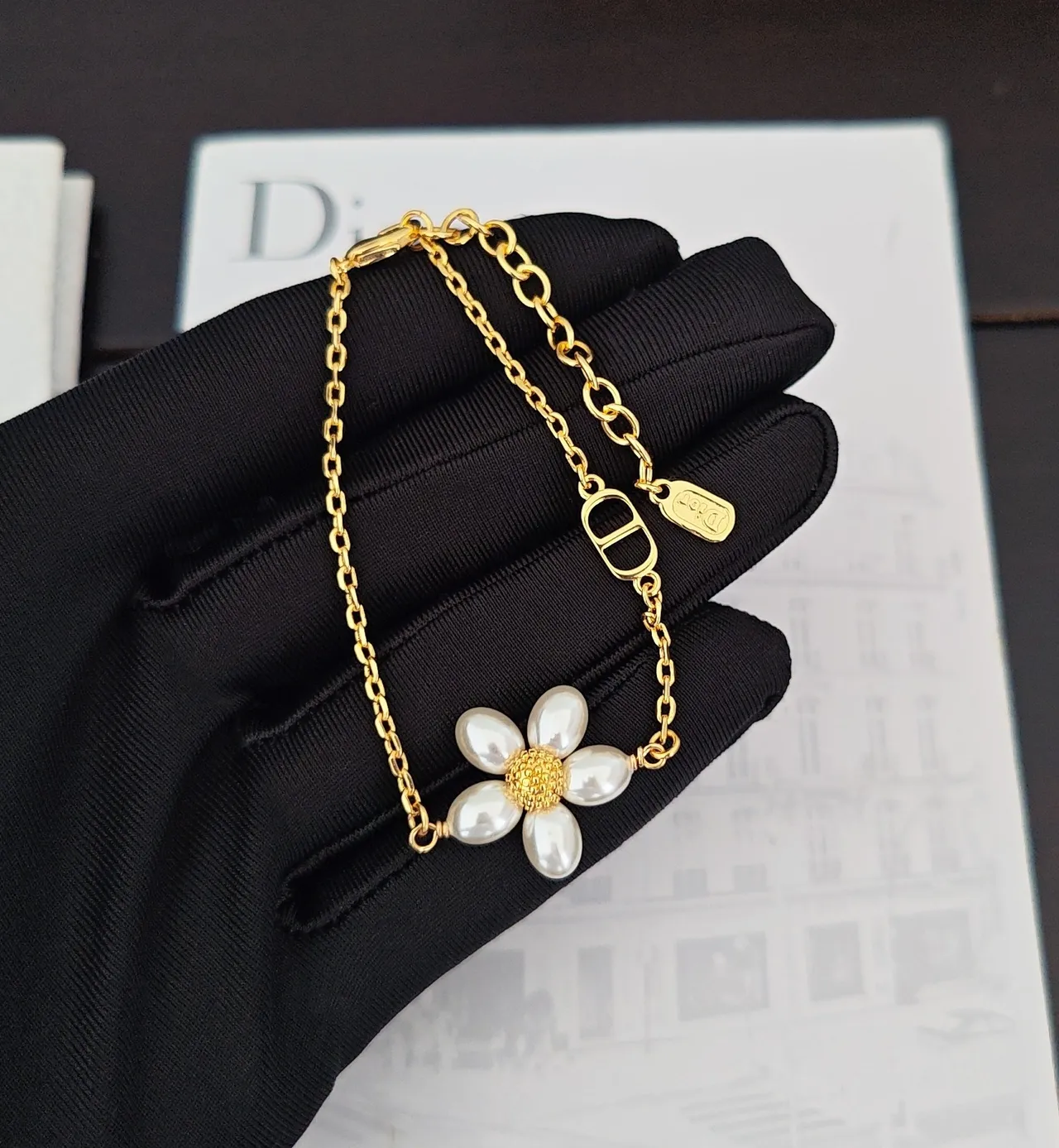 Dior Pearl Flower Charm Gold-Tone Chain Bracelet 4