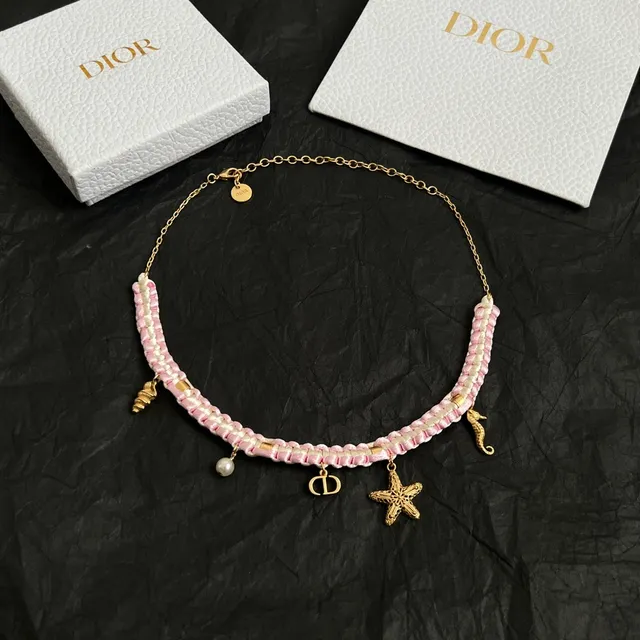 Dior Pink Gold Braided Satin Cord Charms Necklace 1
