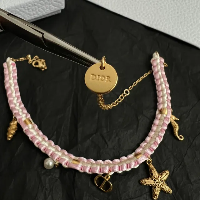 Dior Pink Gold Braided Satin Cord Charms Necklace 2