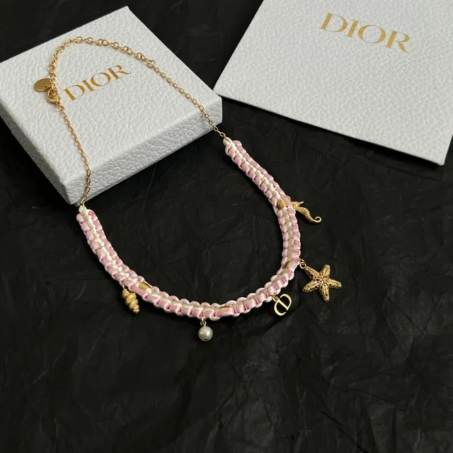 Dior Pink Gold Braided Satin Cord Charms Necklace 4