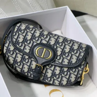 Dior Saddle Beige Navy Oblique Jacquard Black Leather Trim Saddle Bag