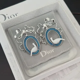 Dior Boucles d'Oreilles Ovales En Émail Encadrées Bleu Argenté Blanc Céramique Motif Colombe