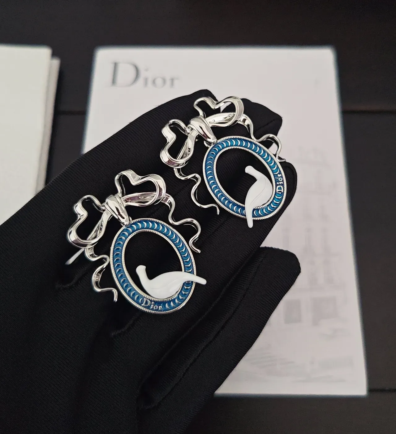 Dior Silver Blue Oval Enamel-Framed White Ceramic Dove Motif Earrings 4