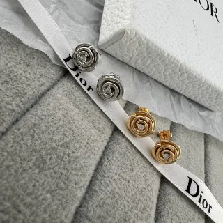 Dior Silver Gold Spiral Rose Motif Pavé-Set Central Stone Earrings