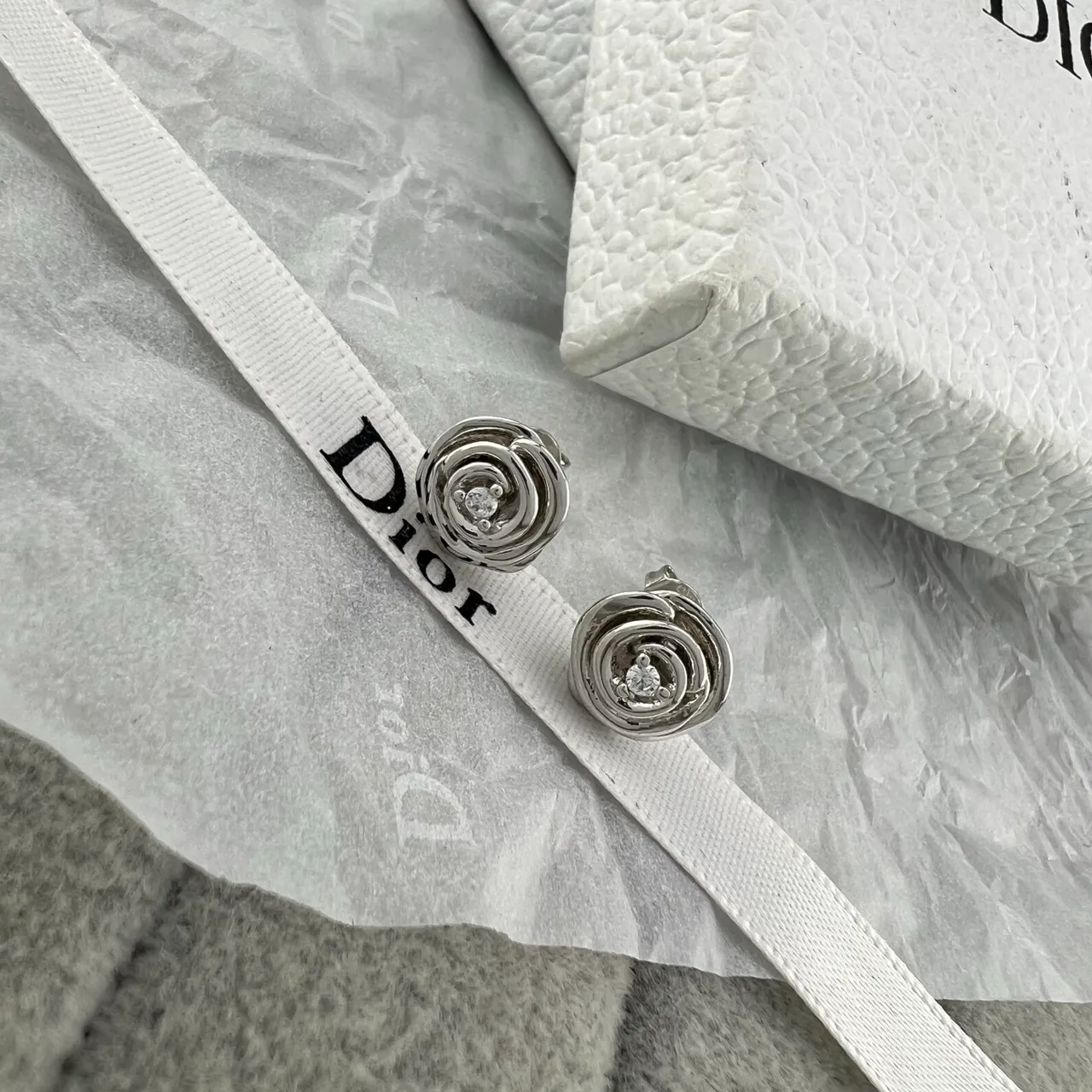 Dior Silver Gold Spiral Rose Motif Pavé-Set Central Stone Earrings 2