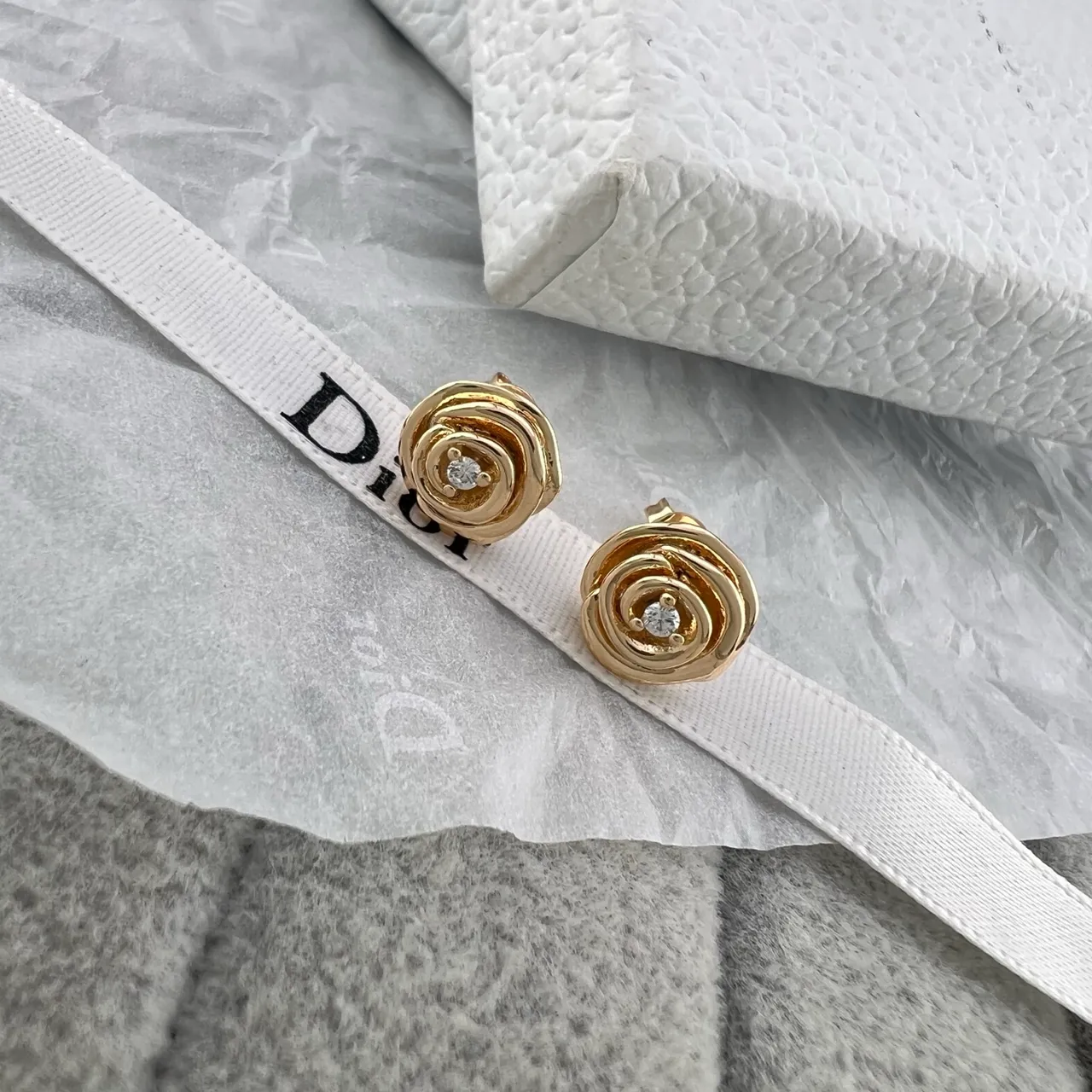 Dior Silver Gold Spiral Rose Motif Pavé-Set Central Stone Earrings 3
