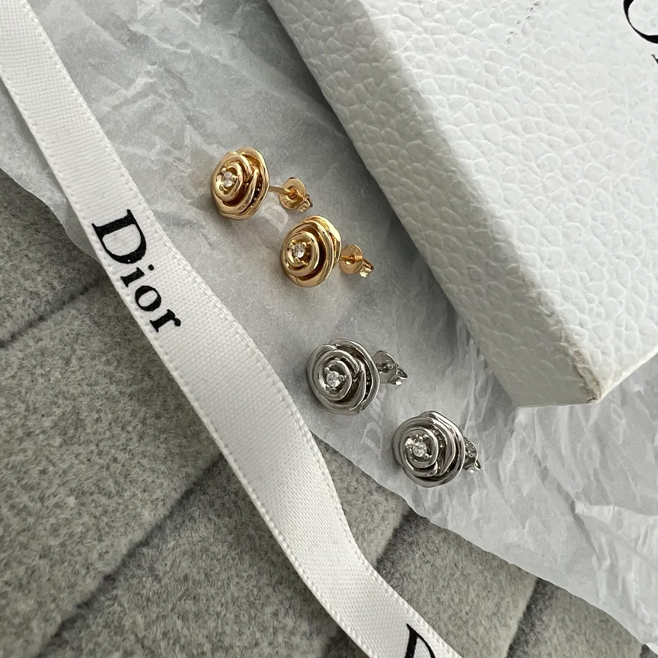 Dior Silver Gold Spiral Rose Motif Pavé-Set Central Stone Earrings 4